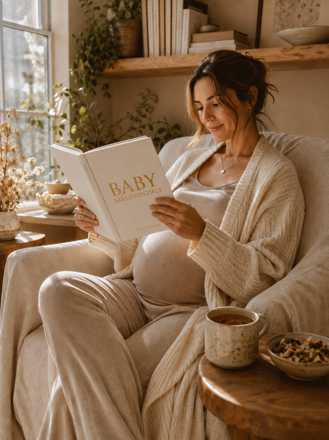 pregnant woman reading baby bare essentials planner