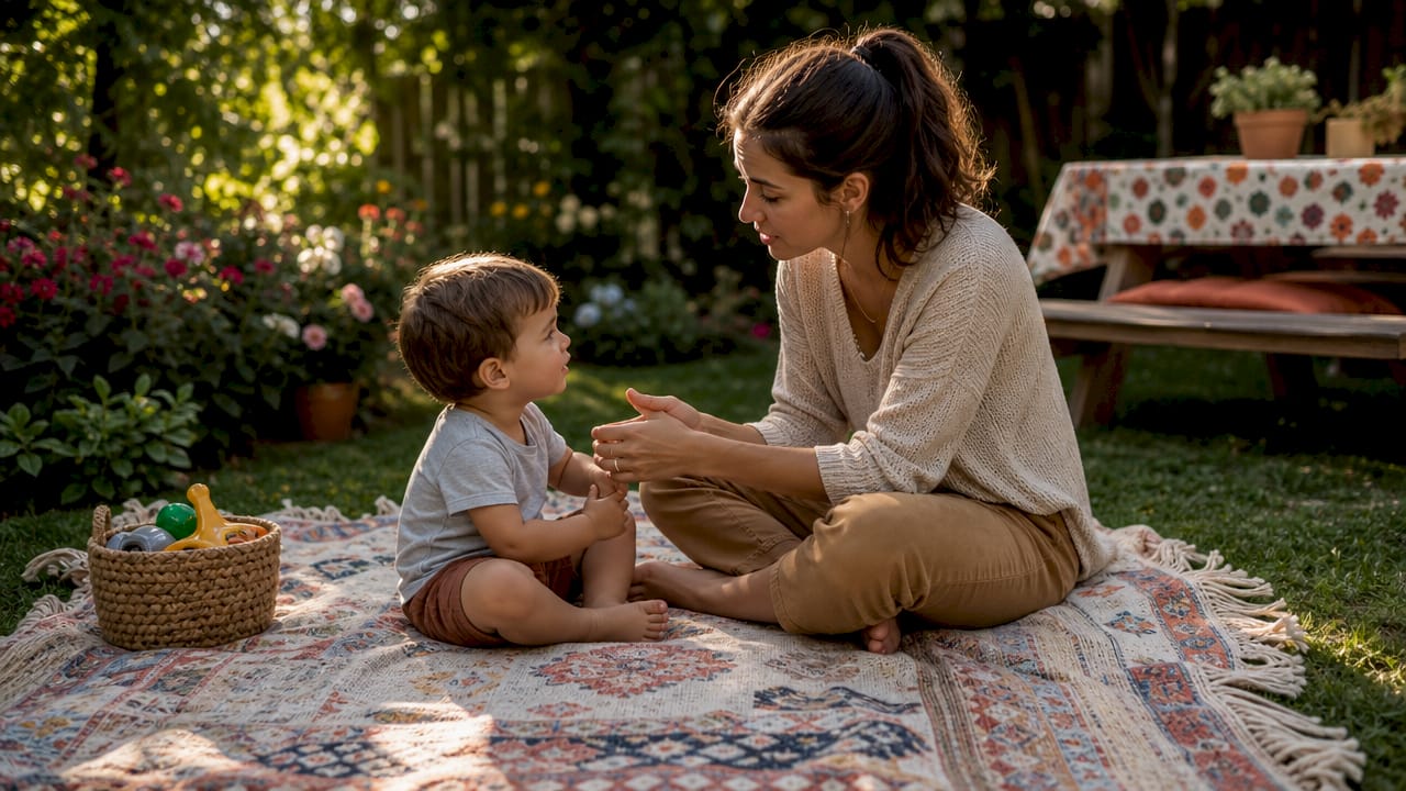 Mother calmly setting boundaries with toddler at home