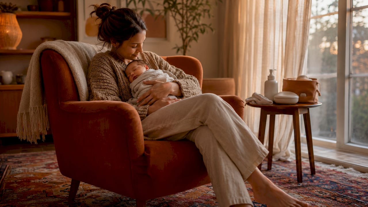 Mother rocking newborn asleep in nursery
