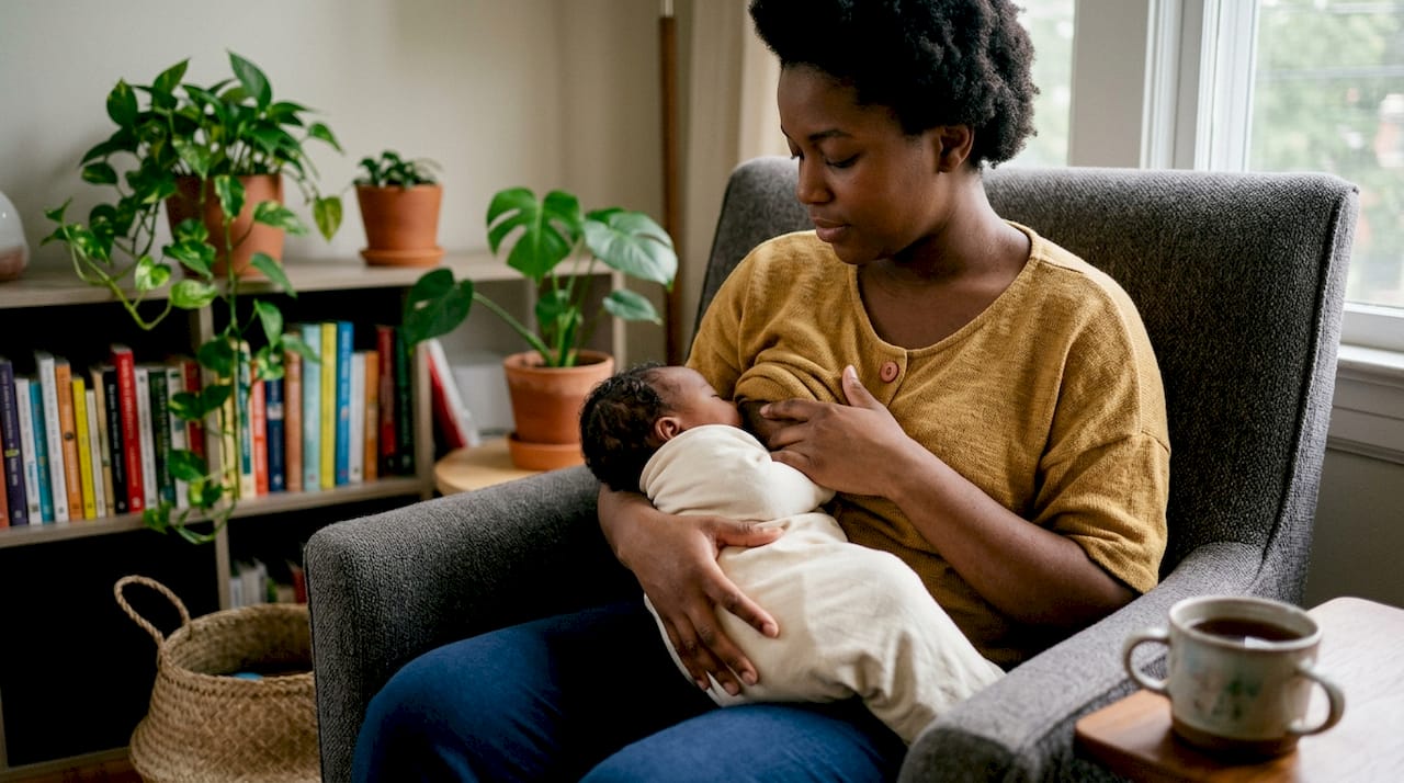 Mother breastfeeding newborn in cozy nursery