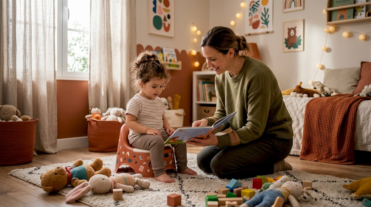 Toddler girl sitting on potty with parent encouragement