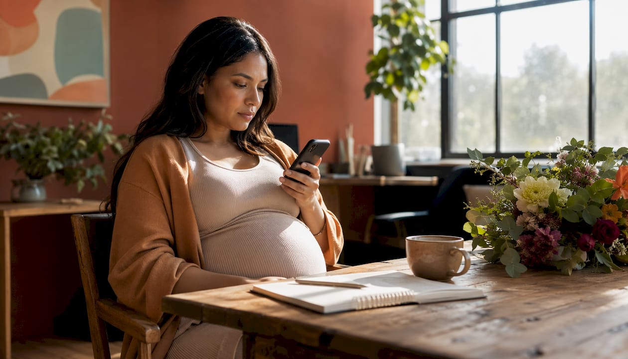 Pregnant woman reviewing pregnancy apps on phone