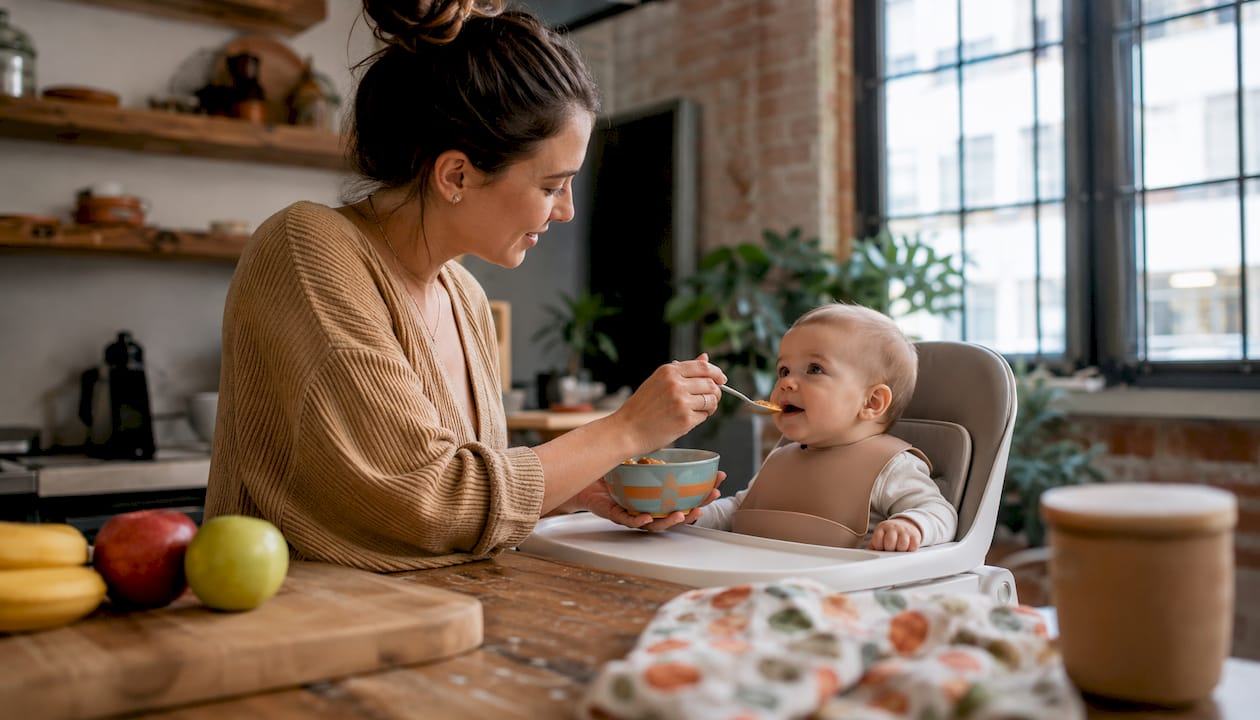 Mother feeding baby allergenic food at home