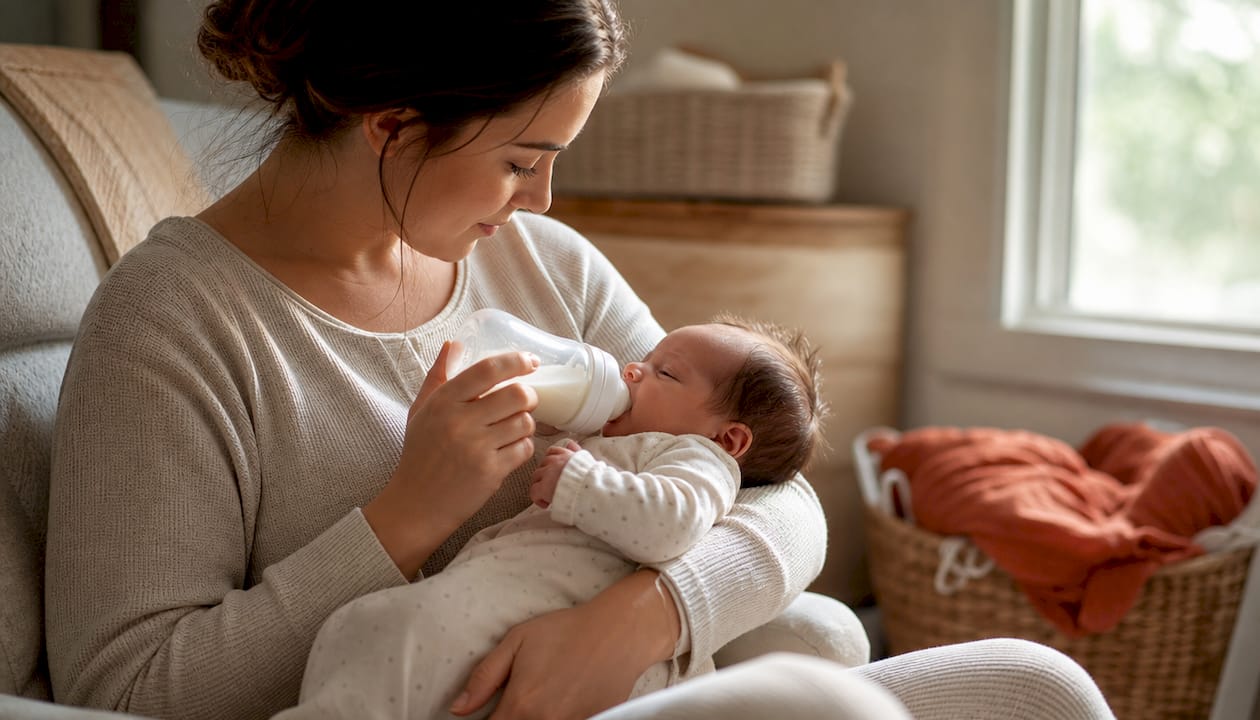 Mother practicing paced bottle feeding