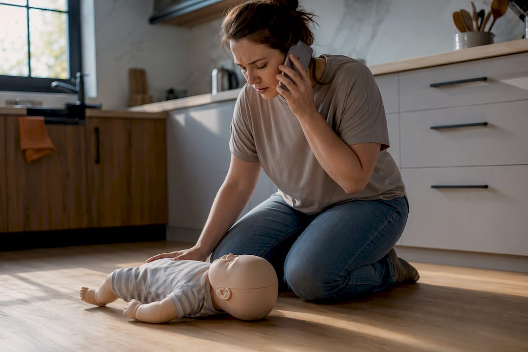 Caregiver calling emergency services during infant first aid