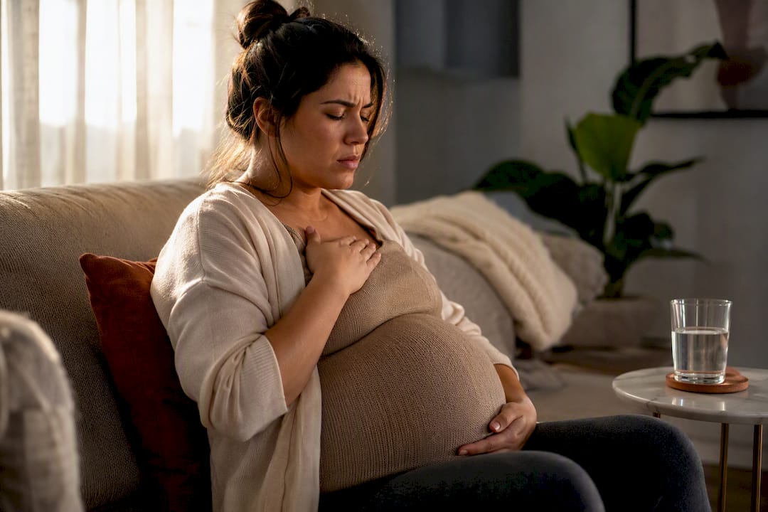 Pregnant woman noticing heartburn symptoms