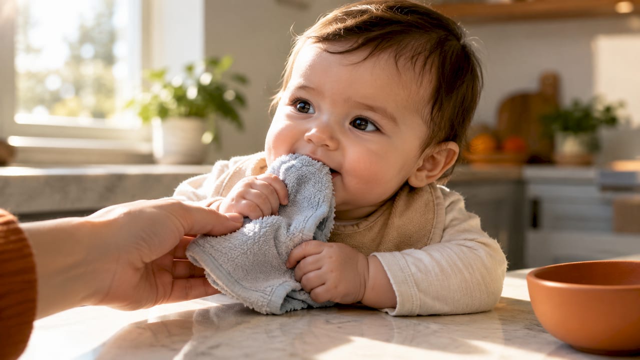 Caregiver offering chilled washcloth to teething baby