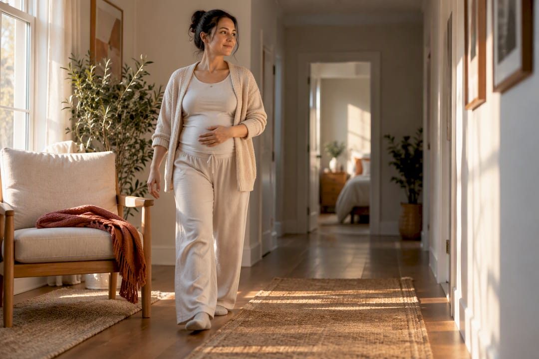 New mother walking carefully during home recovery
