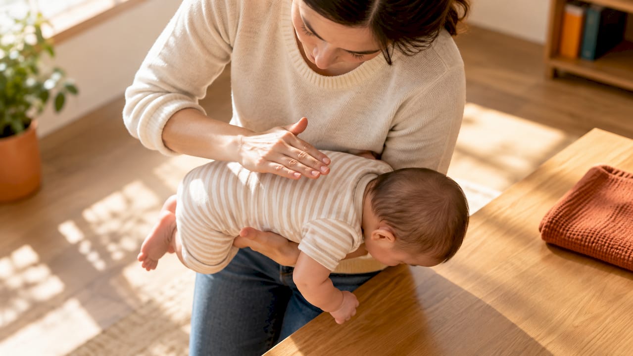Caregiver positioning infant for choking first aid