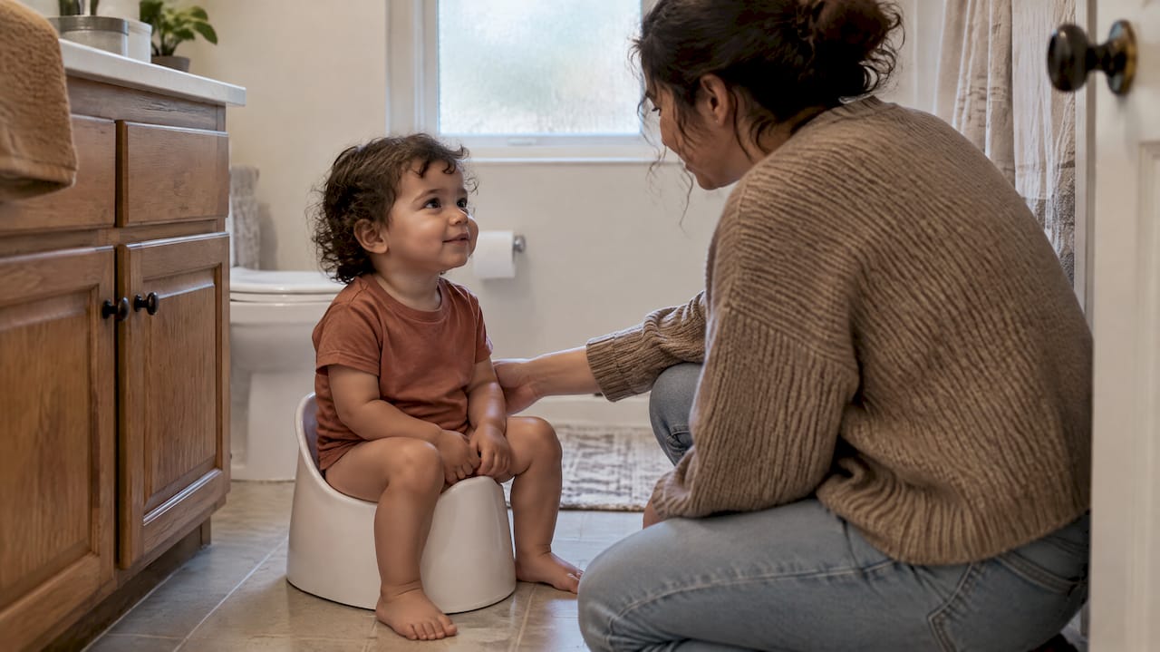 Toddler beginning a calm potty routine