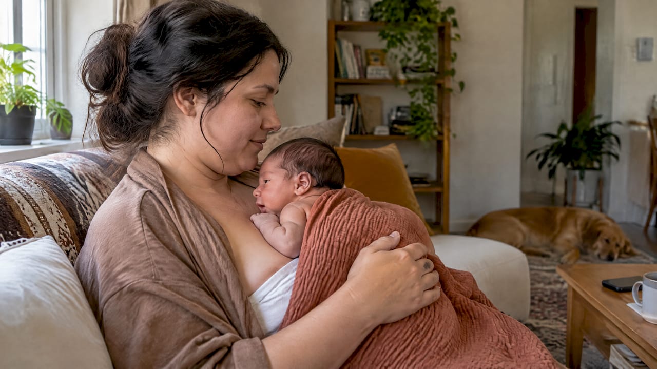 Mother holds newborn skin-to-skin at home